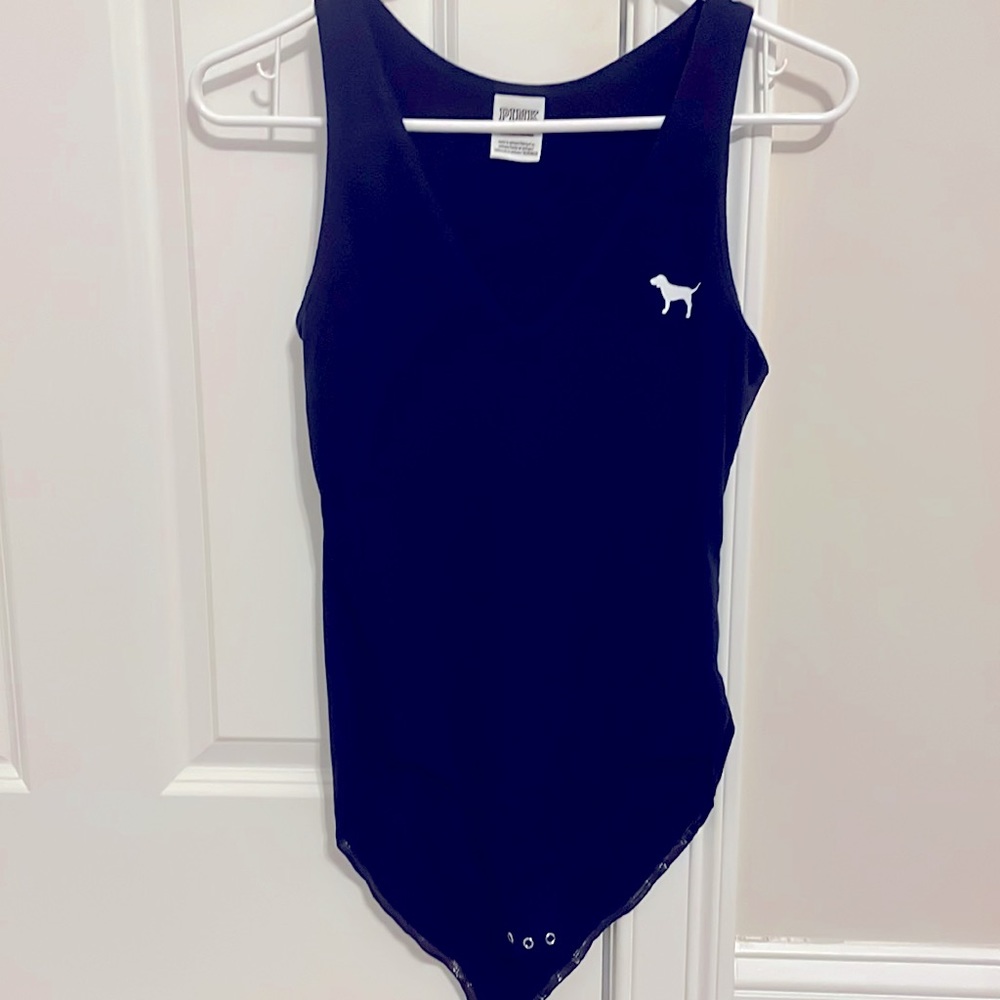 PINK - Victoria's Secret - black V Neck Bodysuit with white PINK dog - SMALL